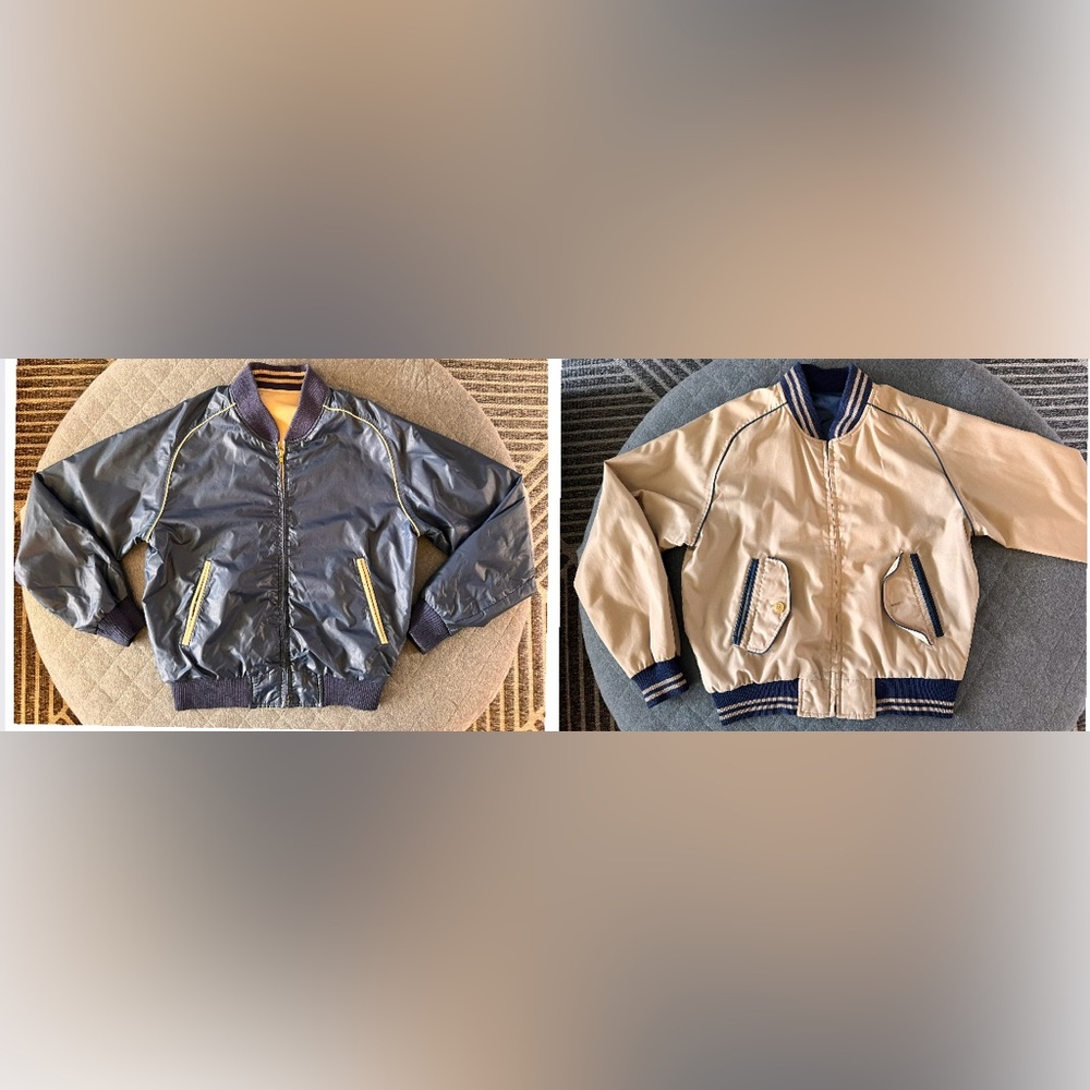 Vintage Large 70s Reversible Men's Bomber Jacket - Blue and Tan